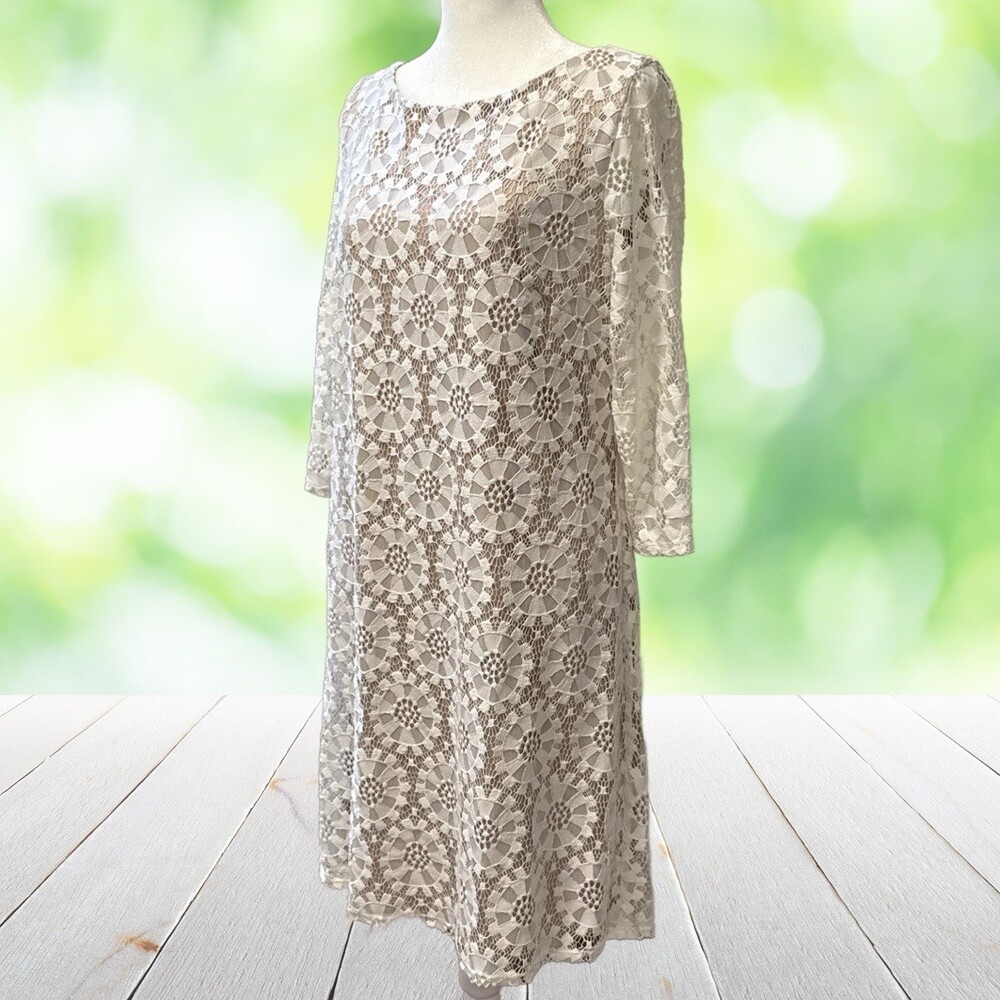 VINCE CAMUTO Crochet Lace Shift Dress Romantic Coquette Cottagecore Ivory Size 8